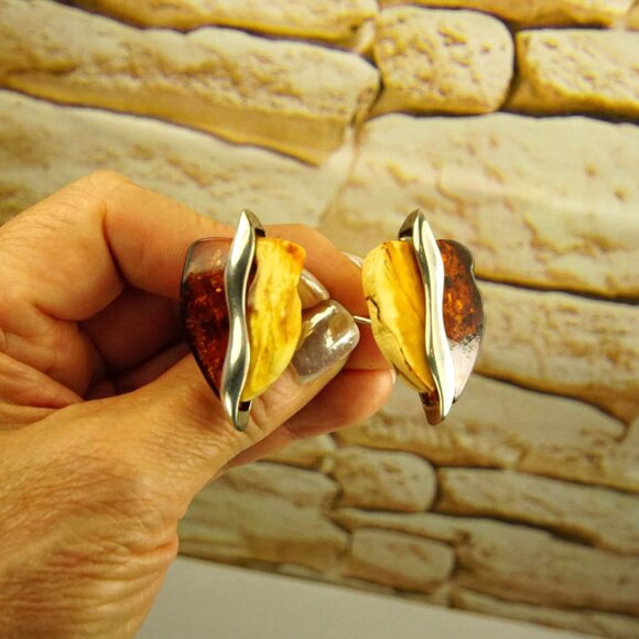 Big Amber & 925 Silver Omega Earrings - Made In Poland Rare Jewelry Her Gift - Picture 9 of 16